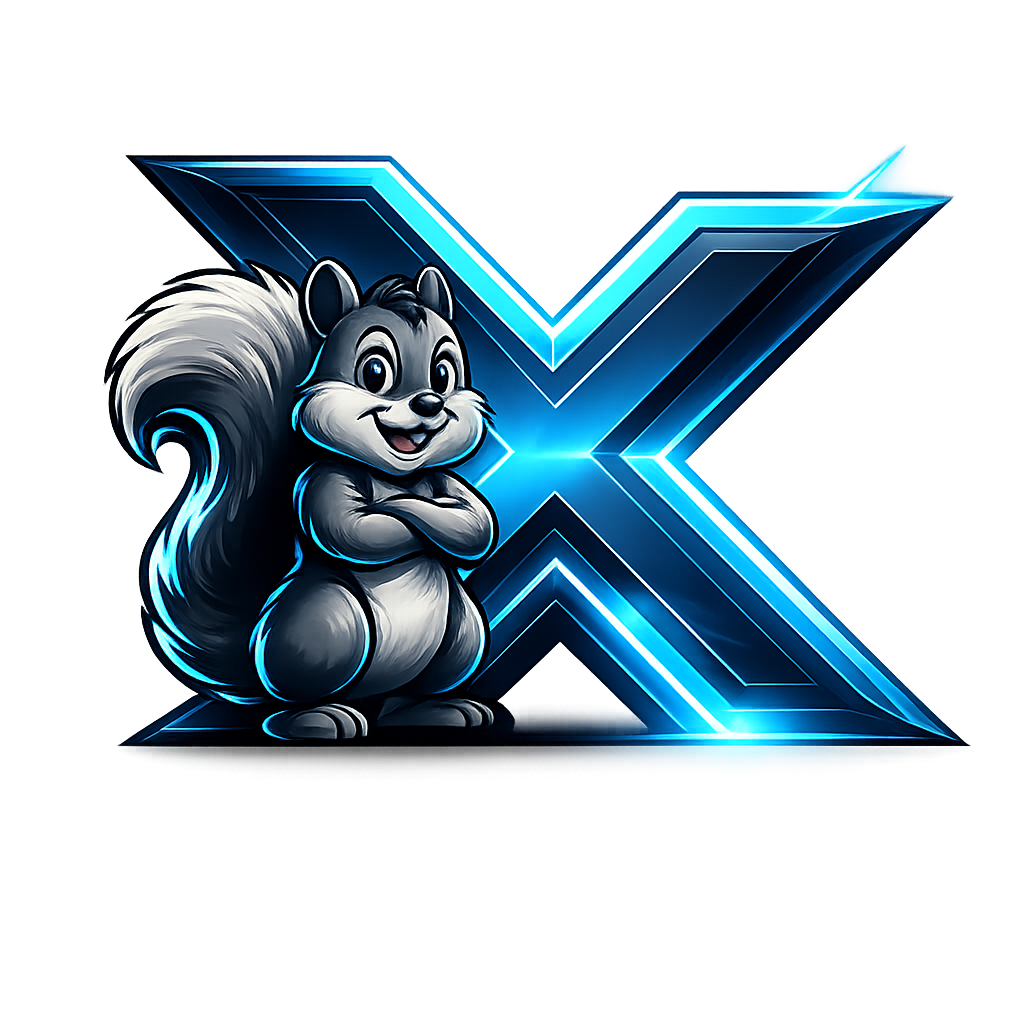 Xtremehosting24 Maskottchen vor einem cyanblauen Neon-X